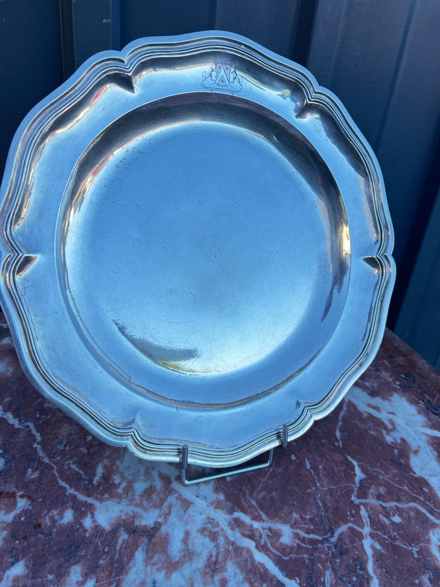 Plat circulaire chantourné en Argent massif, Style Louis XV , Armoiries, XVIII S-photo-4
