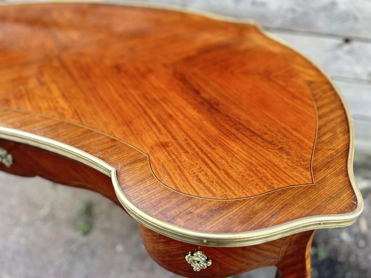  Bureau plat marqueté forme rognon style Louis XV-photo-3