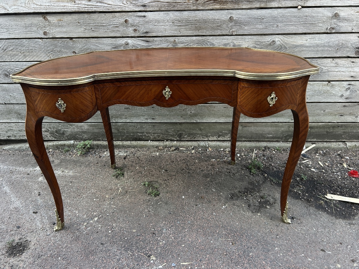  Bureau plat marqueté forme rognon style Louis XV-photo-5
