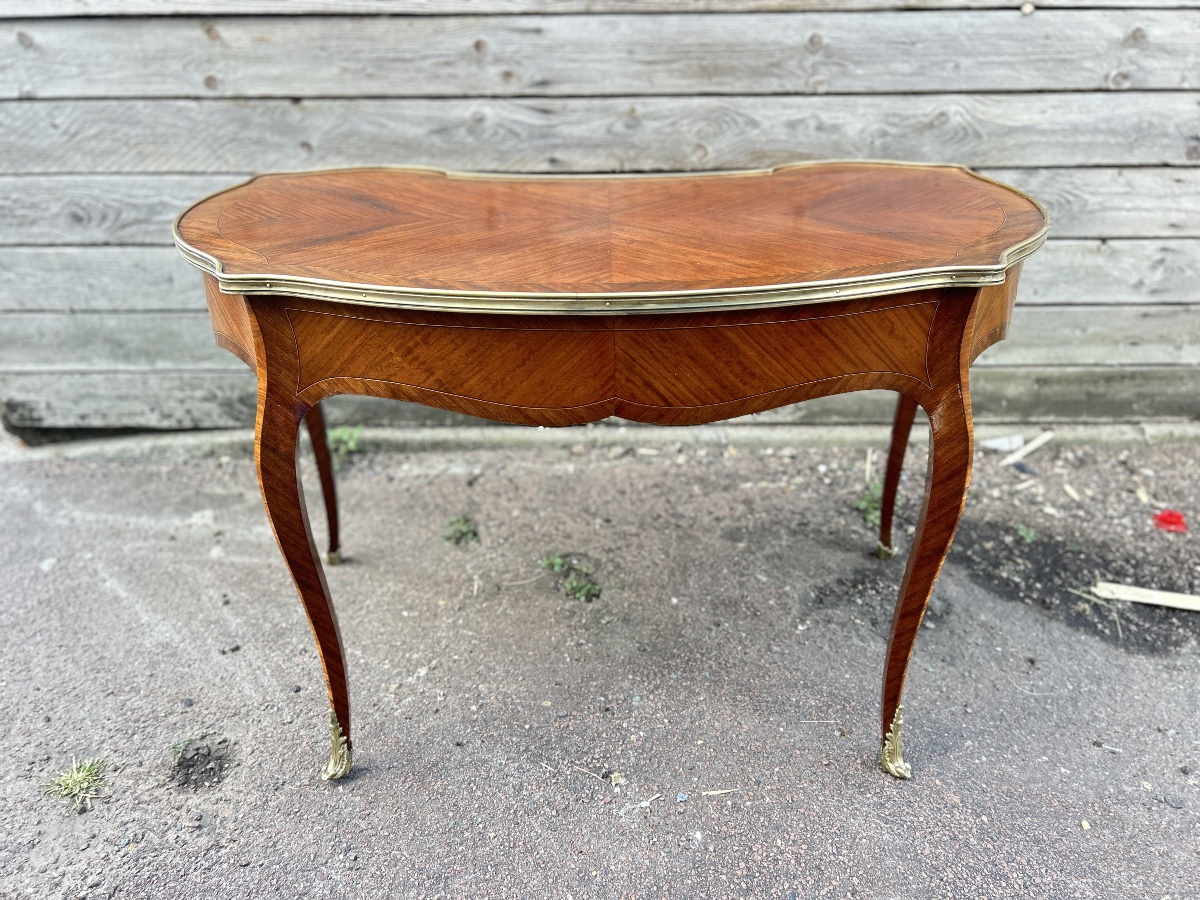  Bureau plat marqueté forme rognon style Louis XV-photo-6