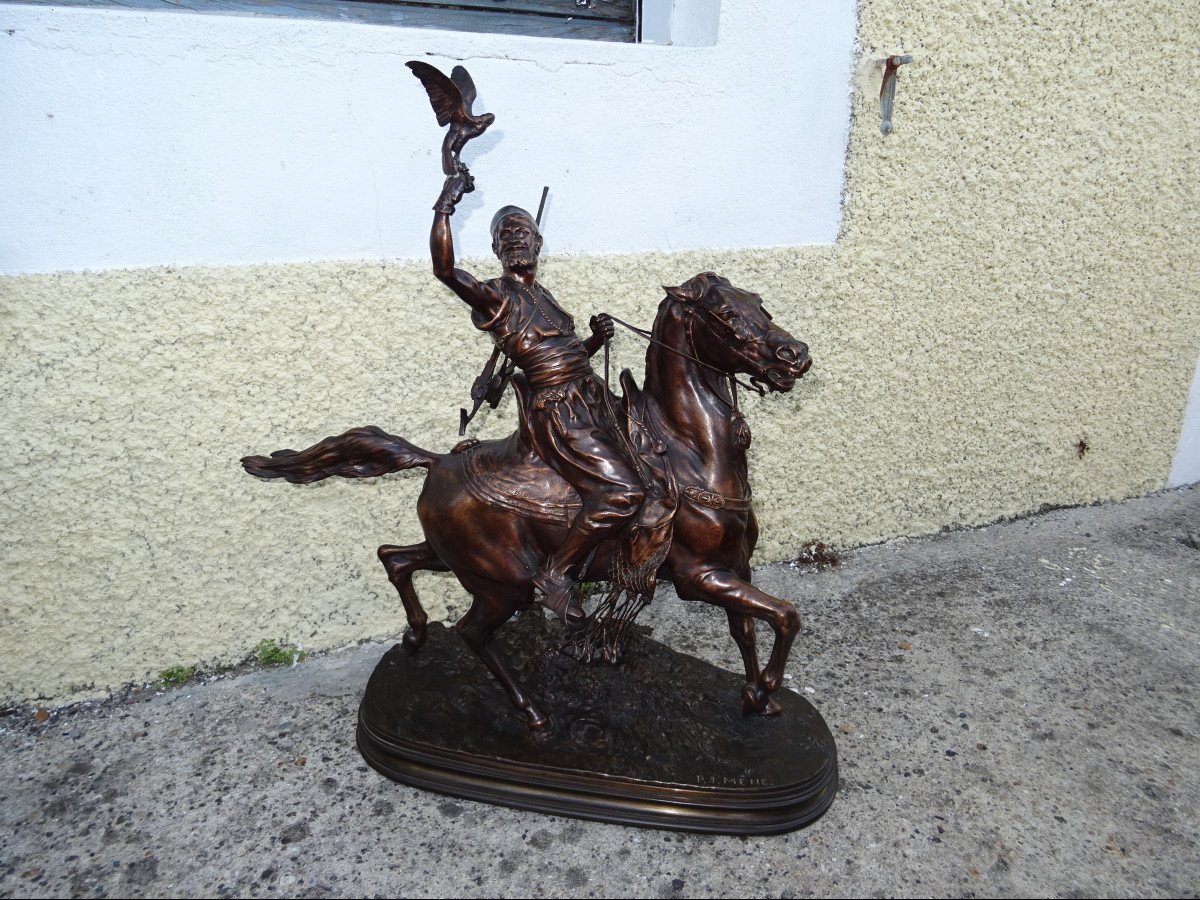 Pierre Jules Mène - Le Fauconnier Arabe à Cheval épreuve en bronze-photo-2