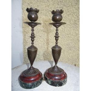 Pair Of Candlesticks In Bronze And Marble Base