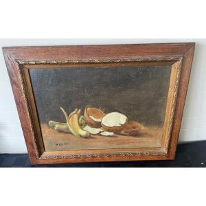 Oil-on-canvas Painting Nature With Bananas And Coconuts Signed Montava