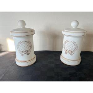 Paire De Pots Couverts En Opaline Décor Noeud Et Rameaux