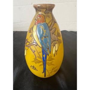 Enameled Glass Vase With Clio Bird