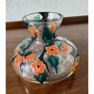 Vase  Verre émaillé, Décor Floral Polychrome,signé Mazoyer