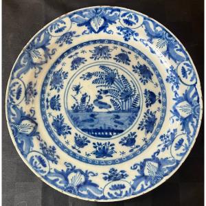 Round Delft Earthenware Dish, XVIII Camaieu Blue Floral Decor And Ducks On White Background