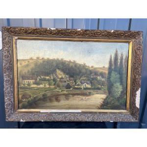 E. DAVBRON Tableau Ville en bord de Rivière