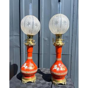 Pair Of Oil Lamps, Antique-inspired Decor, English Porcelain.