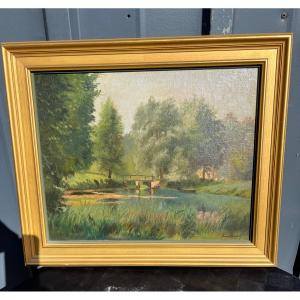Louis Billard -Tableau:  l'Etang de Razac en Dordogne