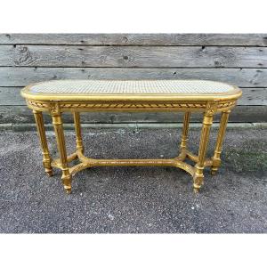 Banquette cannée de Style Louis XVI en bois doré