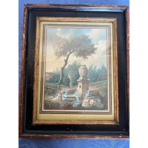 Tableau Gouache Paysage Aux Ruines, animé de personnages.