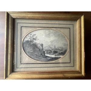 Petit Tableau Paysage de Wissant  , lavis encadré