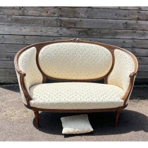 Canapé corbeille de Style Louis XVI, bois naturel , tissu blanc