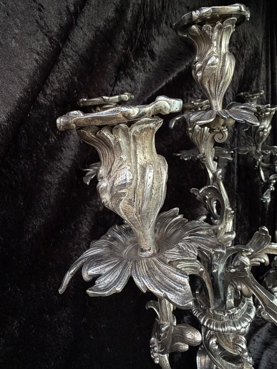 Pair Of Large Silvered Bronze Candelabra – Louis XV Style-photo-1