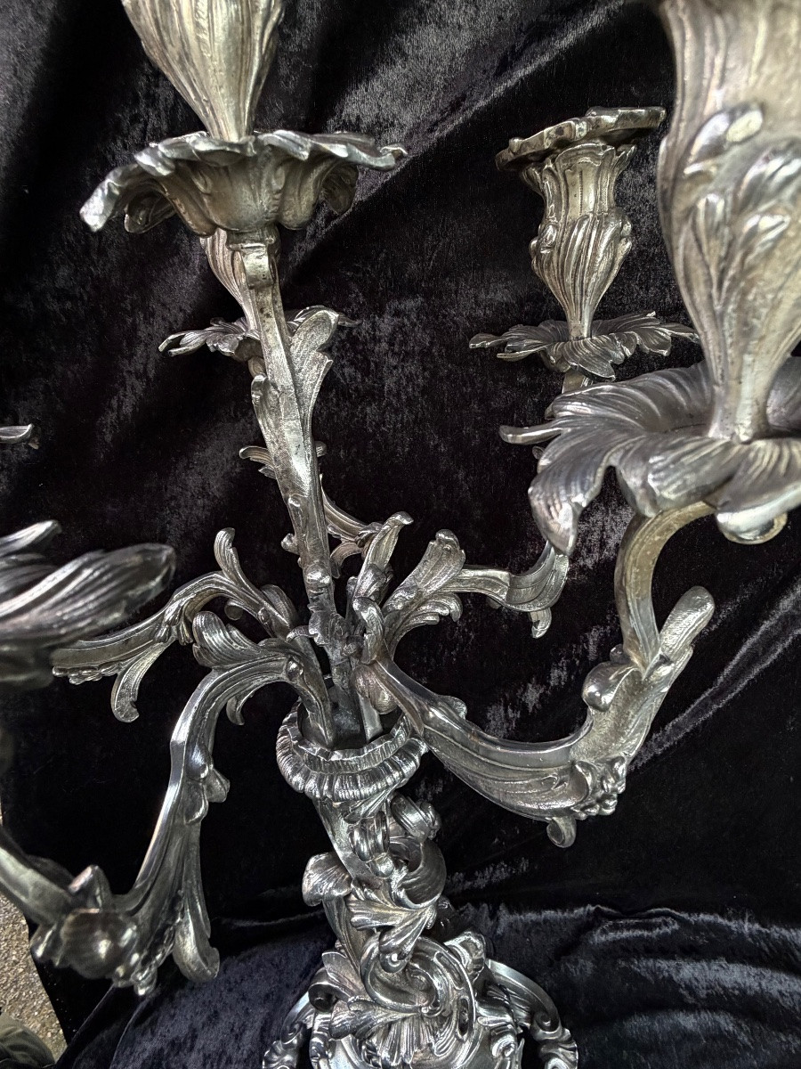 Pair Of Large Silvered Bronze Candelabra – Louis XV Style-photo-4
