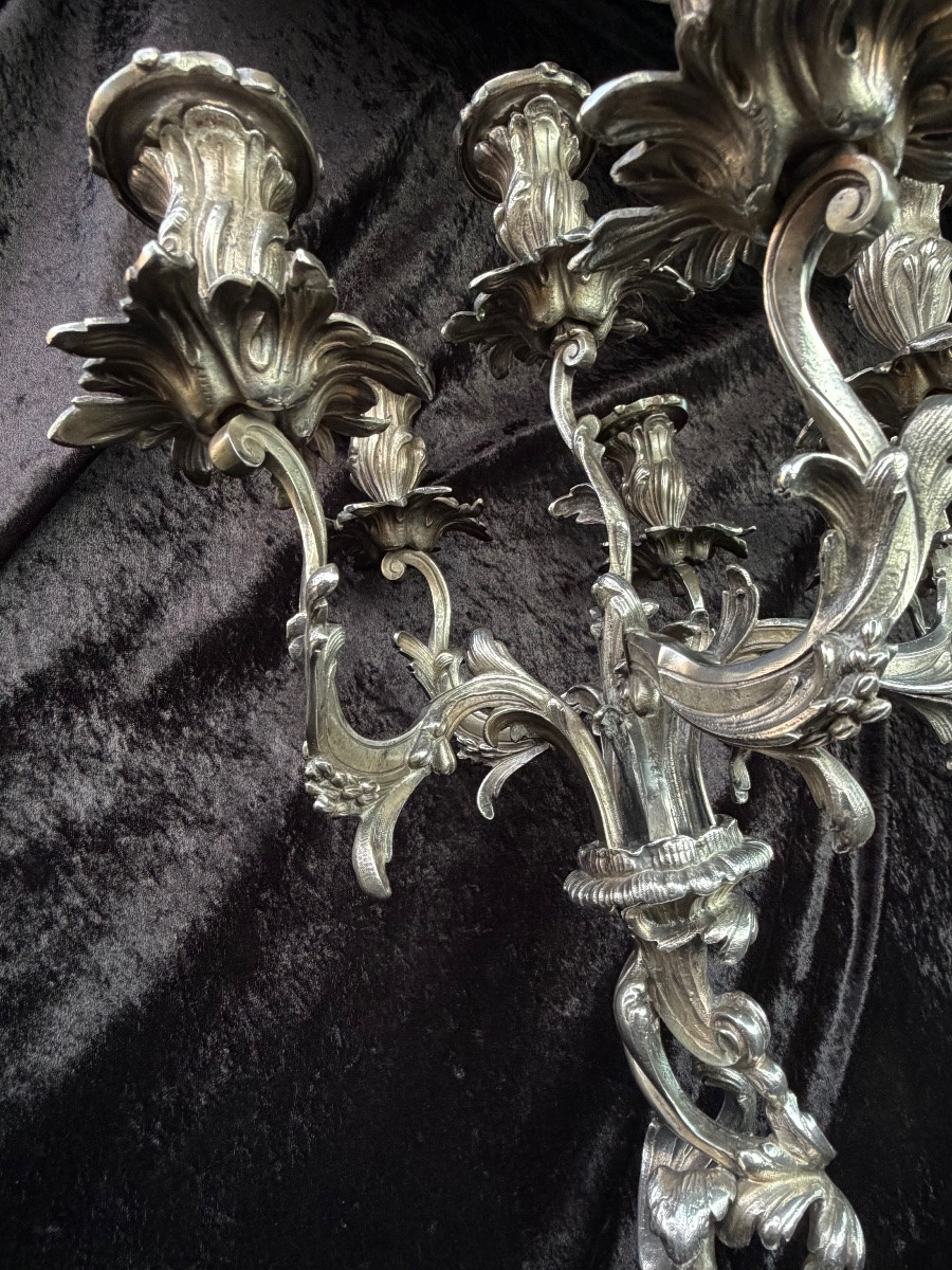 Pair Of Large Silvered Bronze Candelabra – Louis XV Style-photo-5