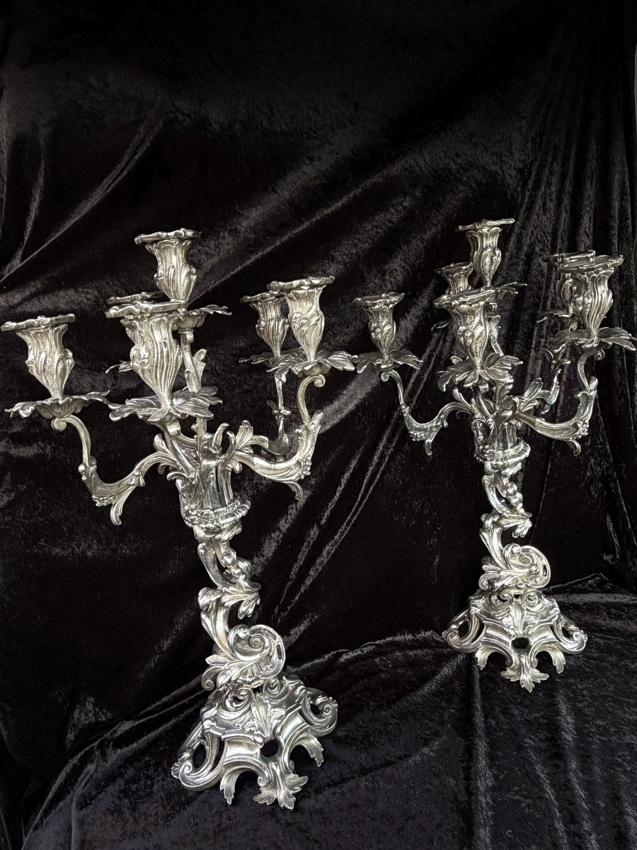 Pair Of Large Silvered Bronze Candelabra – Louis XV Style