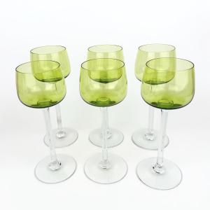 Baccarat – Set Of 6 Olive Green Crystal Roemer Wine Glasses – Signed
