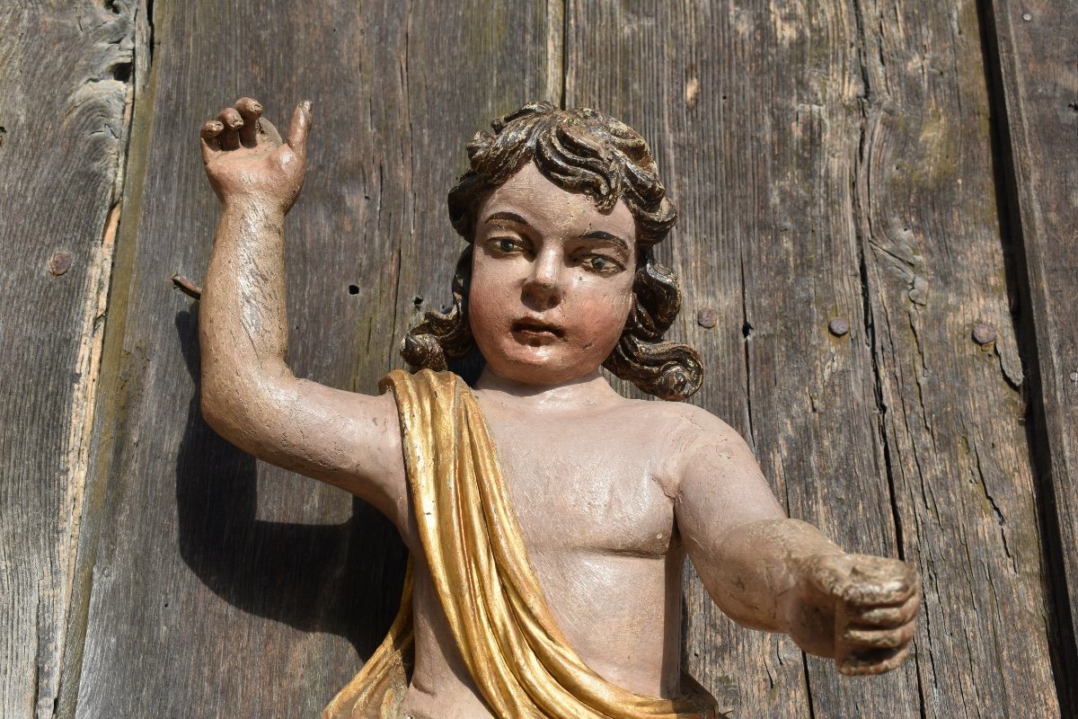 Baroque Cupid Or Putto In Polychrome Carved Wood - 18th Century - Italy-photo-2