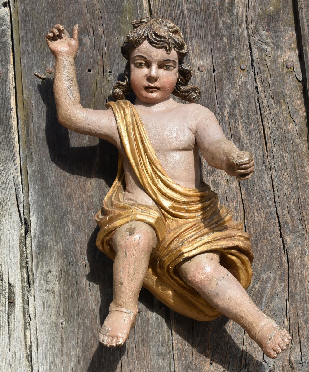 Baroque Cupid Or Putto In Polychrome Carved Wood - 18th Century - Italy-photo-3
