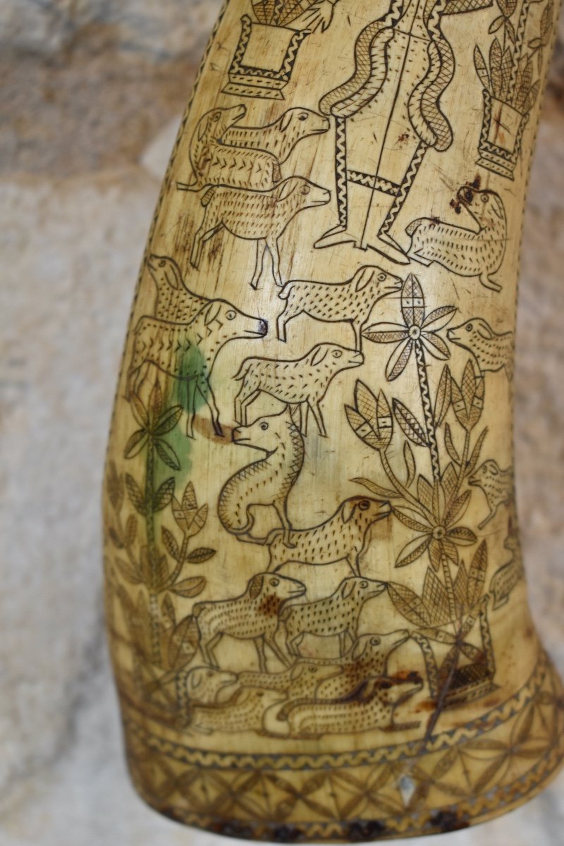Engraved Shepherd's Horn - Folk Art - 19th Century-photo-3
