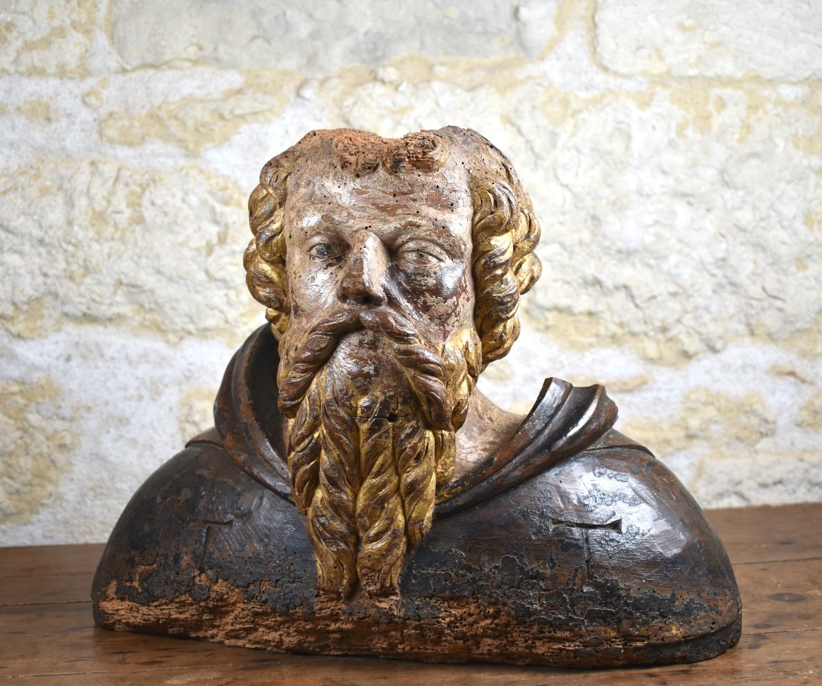 Buste de saint Antoine le Grand - bois sculpté - XVIIe 