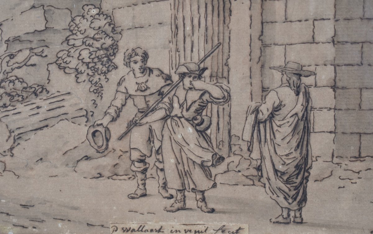 Pierre-joseph Wallaert (1753-1812) - Pilgrims In Ancient Ruins - Ink Drawing-photo-1