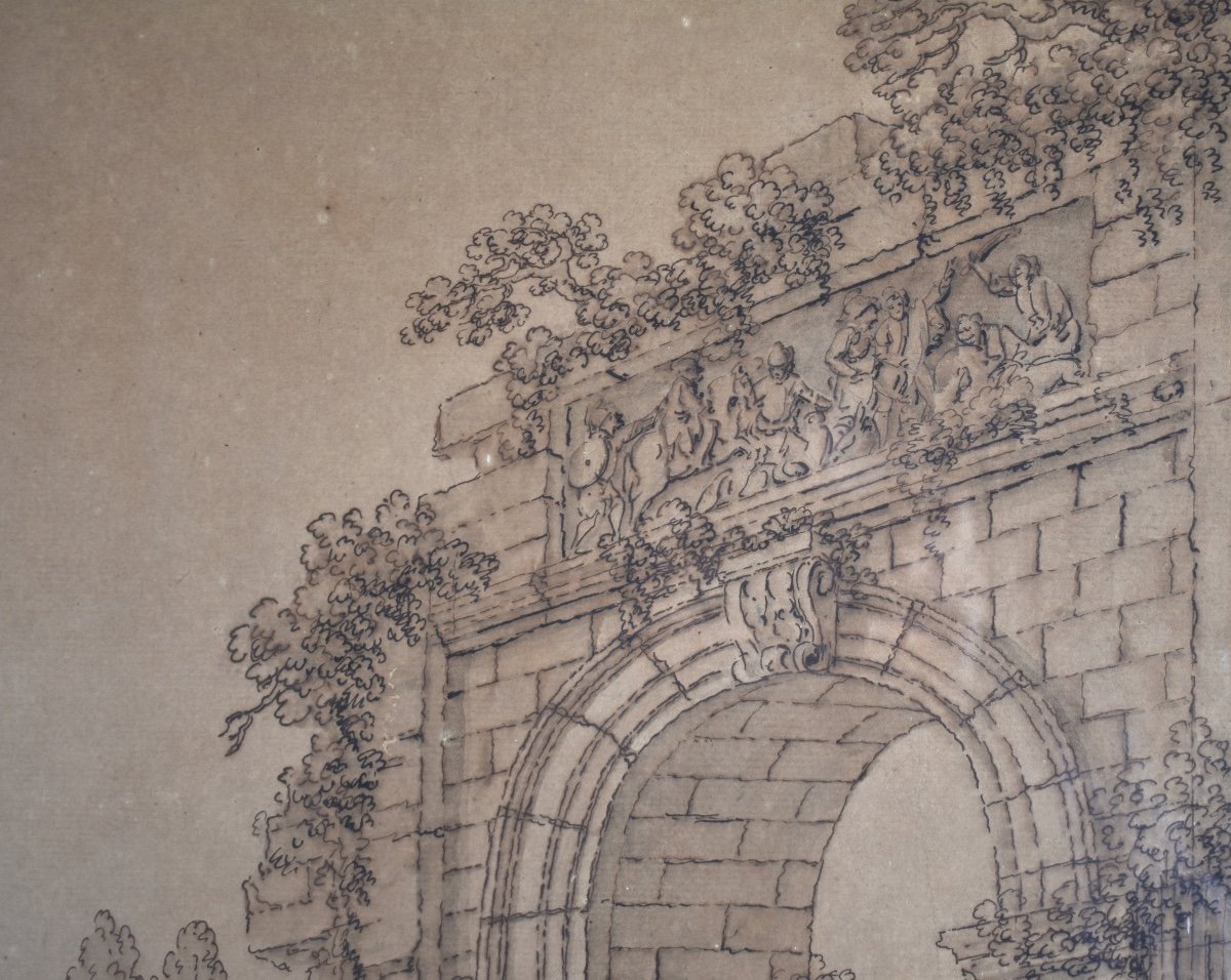 Pierre-joseph Wallaert (1753-1812) - Pilgrims In Ancient Ruins - Ink Drawing-photo-3