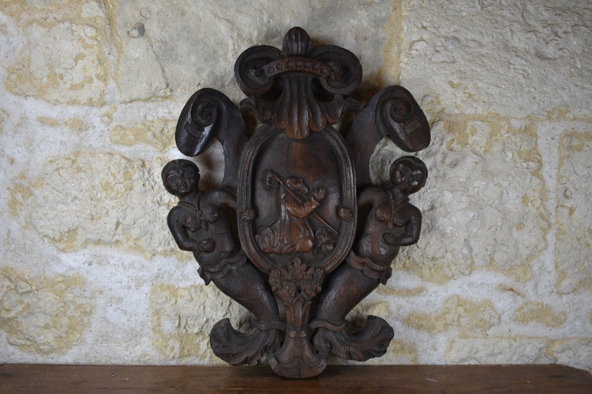 Carved Wooden Coat Of Arms - Bishop And Mermaids - Late 17th Century-photo-2