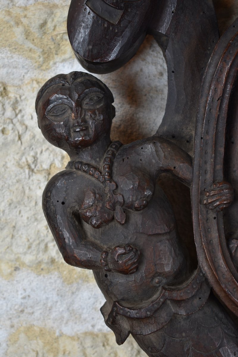 Carved Wooden Coat Of Arms - Bishop And Mermaids - Late 17th Century-photo-3