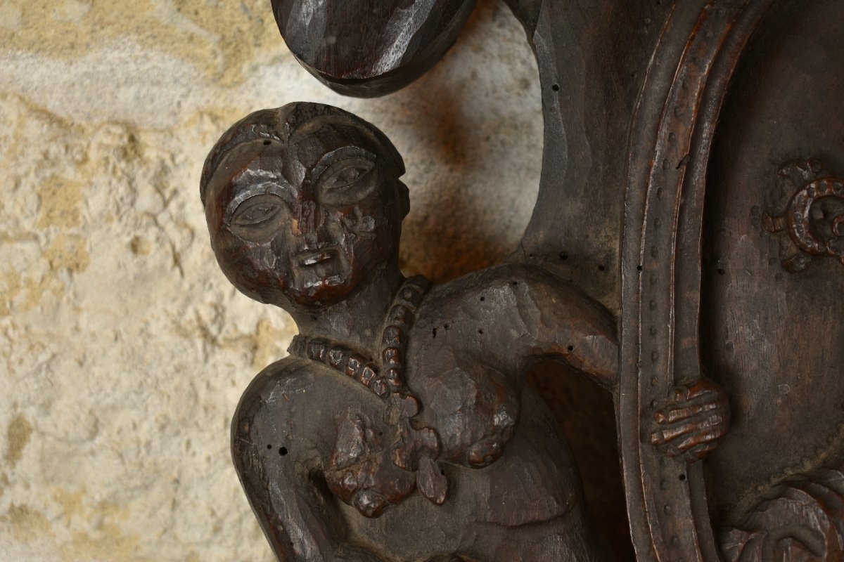 Carved Wooden Coat Of Arms - Bishop And Mermaids - Late 17th Century-photo-2