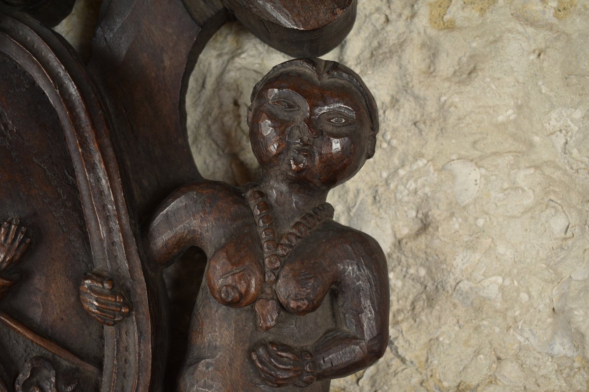 Carved Wooden Coat Of Arms - Bishop And Mermaids - Late 17th Century-photo-4