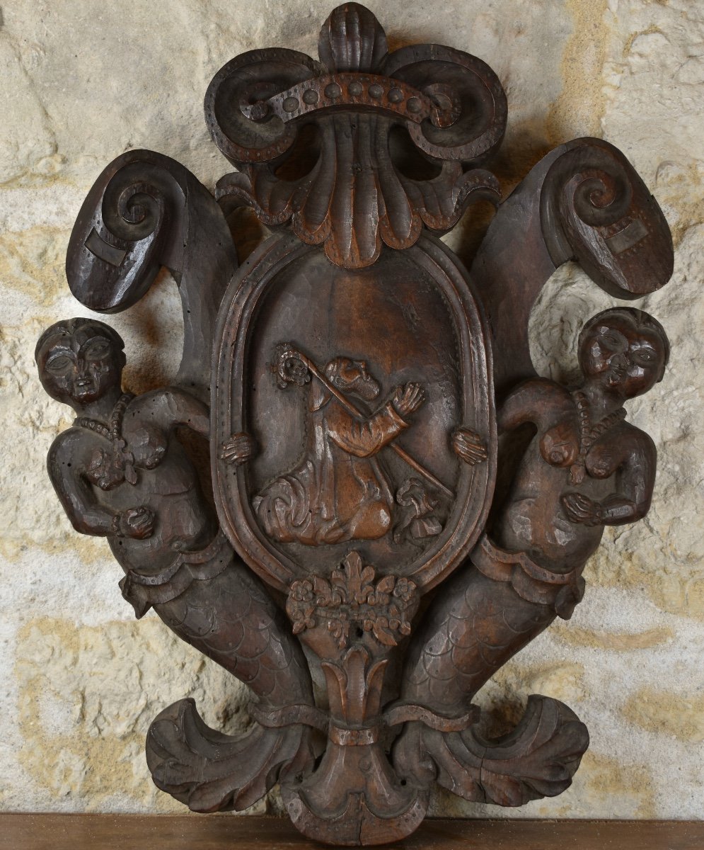 Carved Wooden Coat Of Arms - Bishop And Mermaids - Late 17th Century