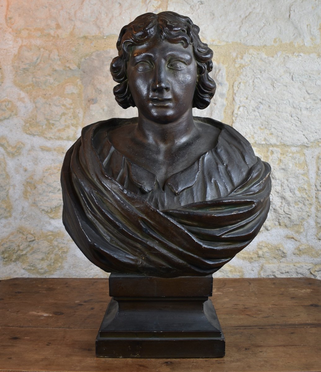 Carved Wooden Bust Of A Young Man - 18th Century-photo-2