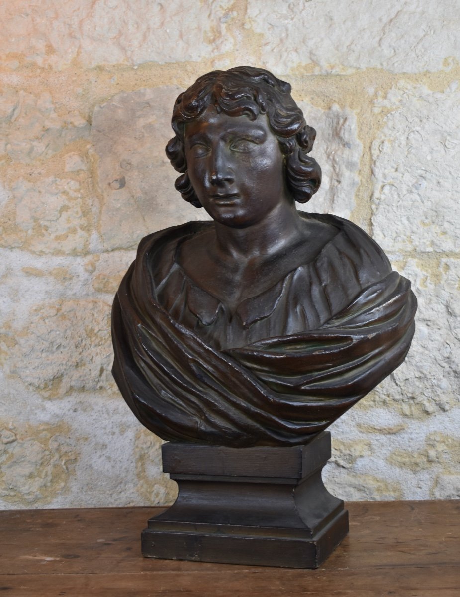 Carved Wooden Bust Of A Young Man - 18th Century-photo-3