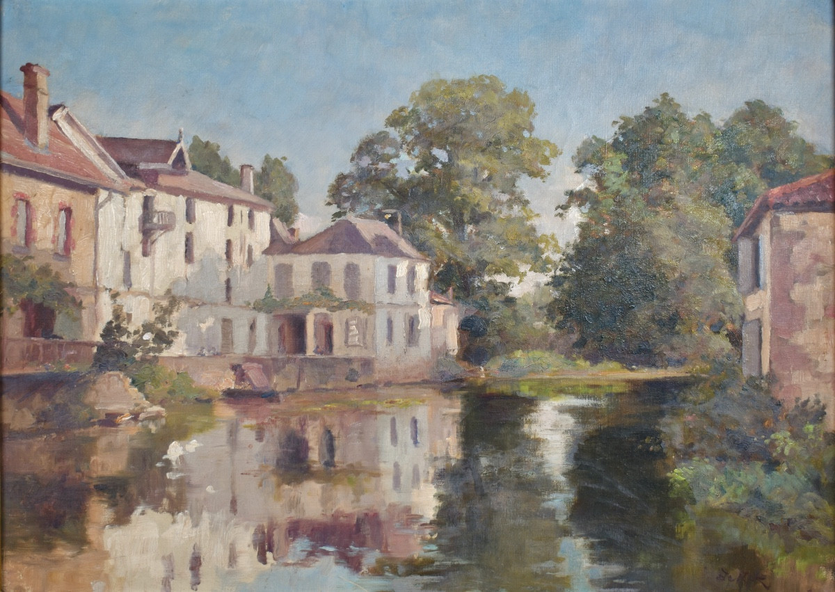Eudes De Retz (1856-1930) - Village And River In Charente - Oil On Canvas