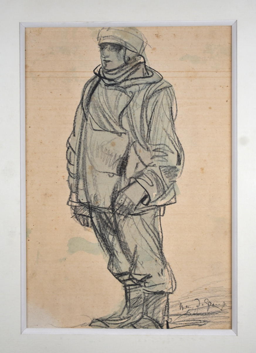 Henry De Groux (1866-1930) - Charcoal Drawing Of An Aviator, 1915 - -photo-2