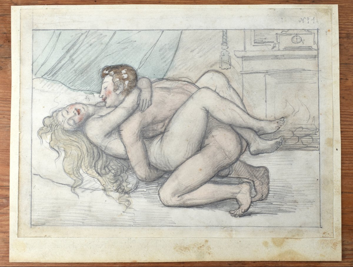 École romantique - dessin aquarellé érotique - XIXe-photo-2