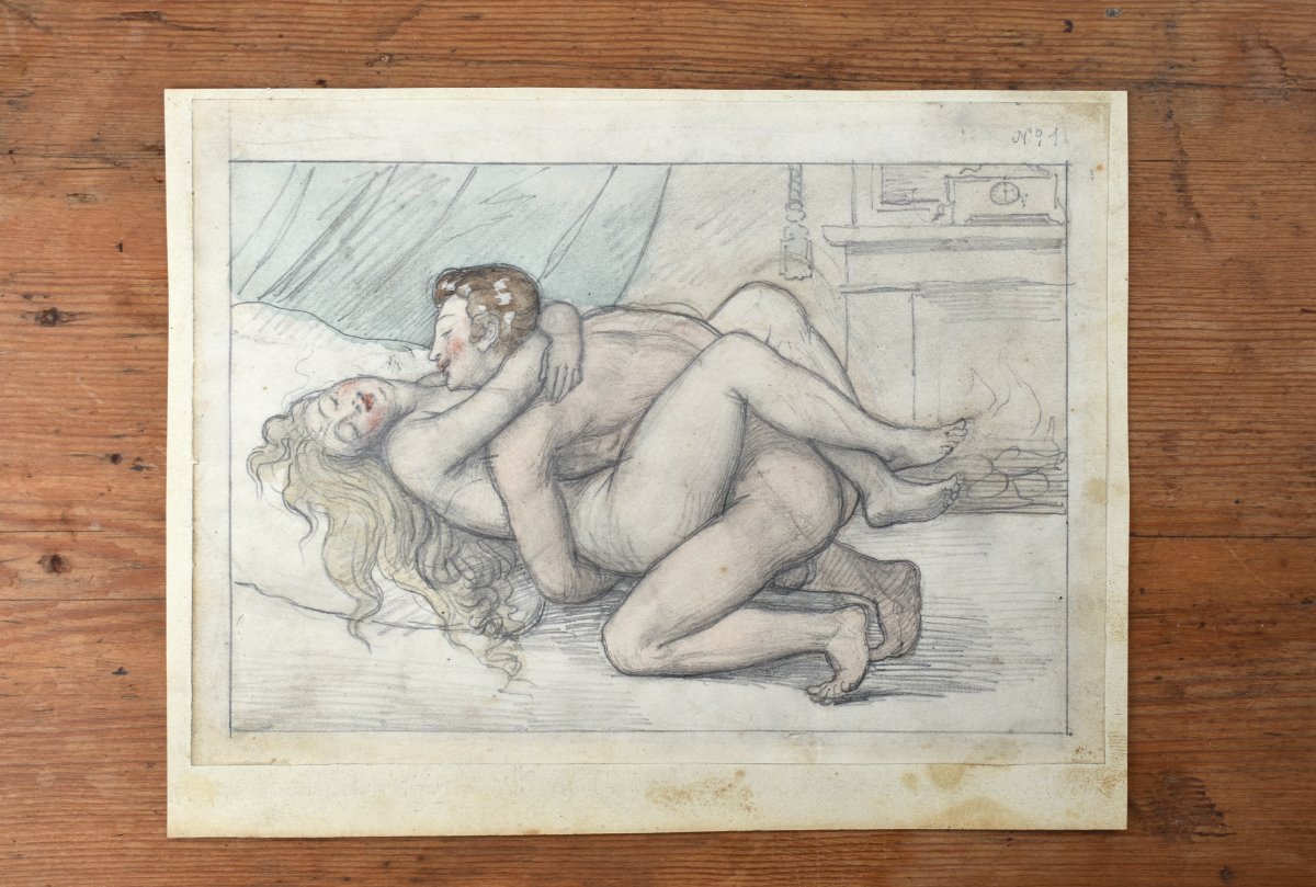 École romantique - dessin aquarellé érotique - XIXe-photo-3