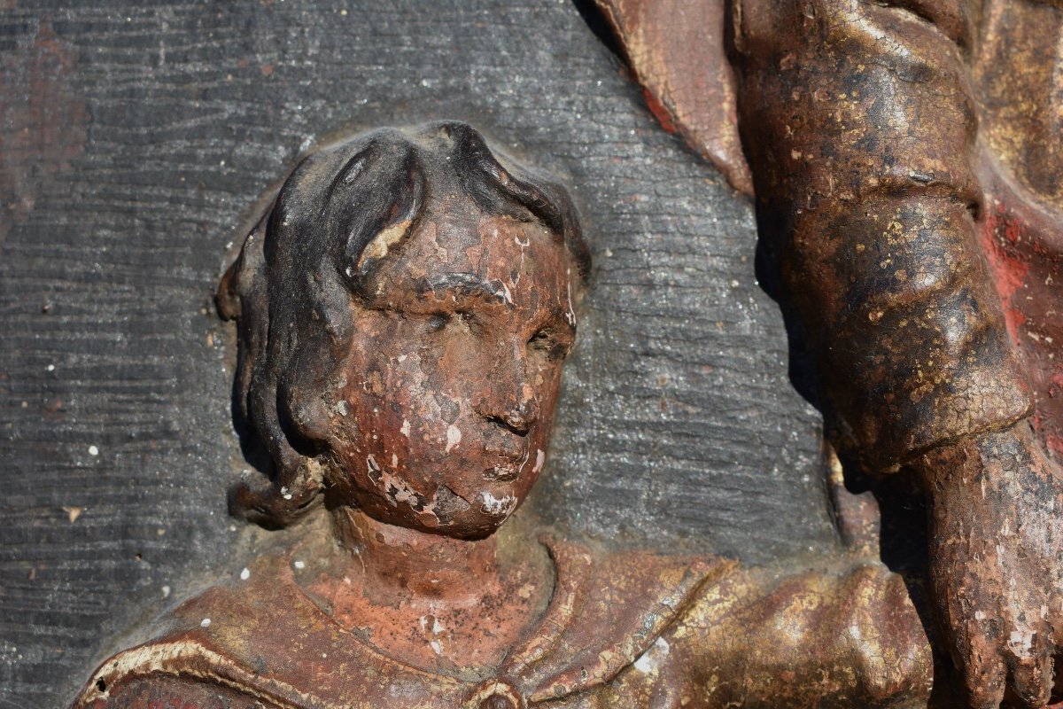 Saint Joseph et l'Enfant Jésus - Panneau de retable bas-relief bois polychrome XVIIe (?) - -photo-4