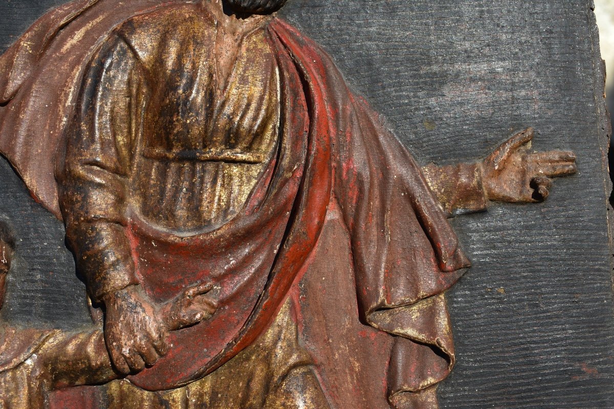 Saint Joseph et l'Enfant Jésus - Panneau de retable bas-relief bois polychrome XVIIe (?) - -photo-1