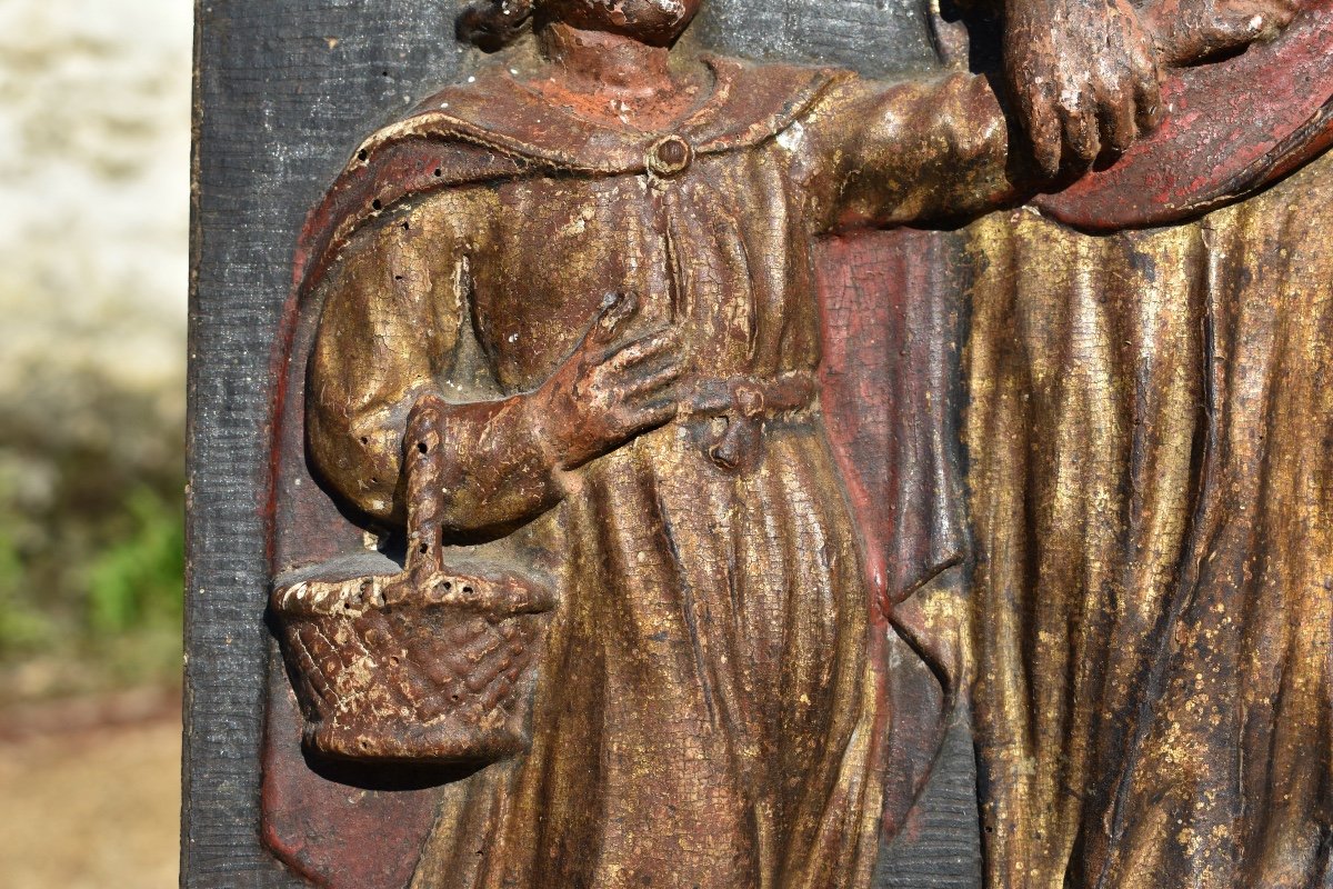 Saint Joseph et l'Enfant Jésus - Panneau de retable bas-relief bois polychrome XVIIe (?) - -photo-2