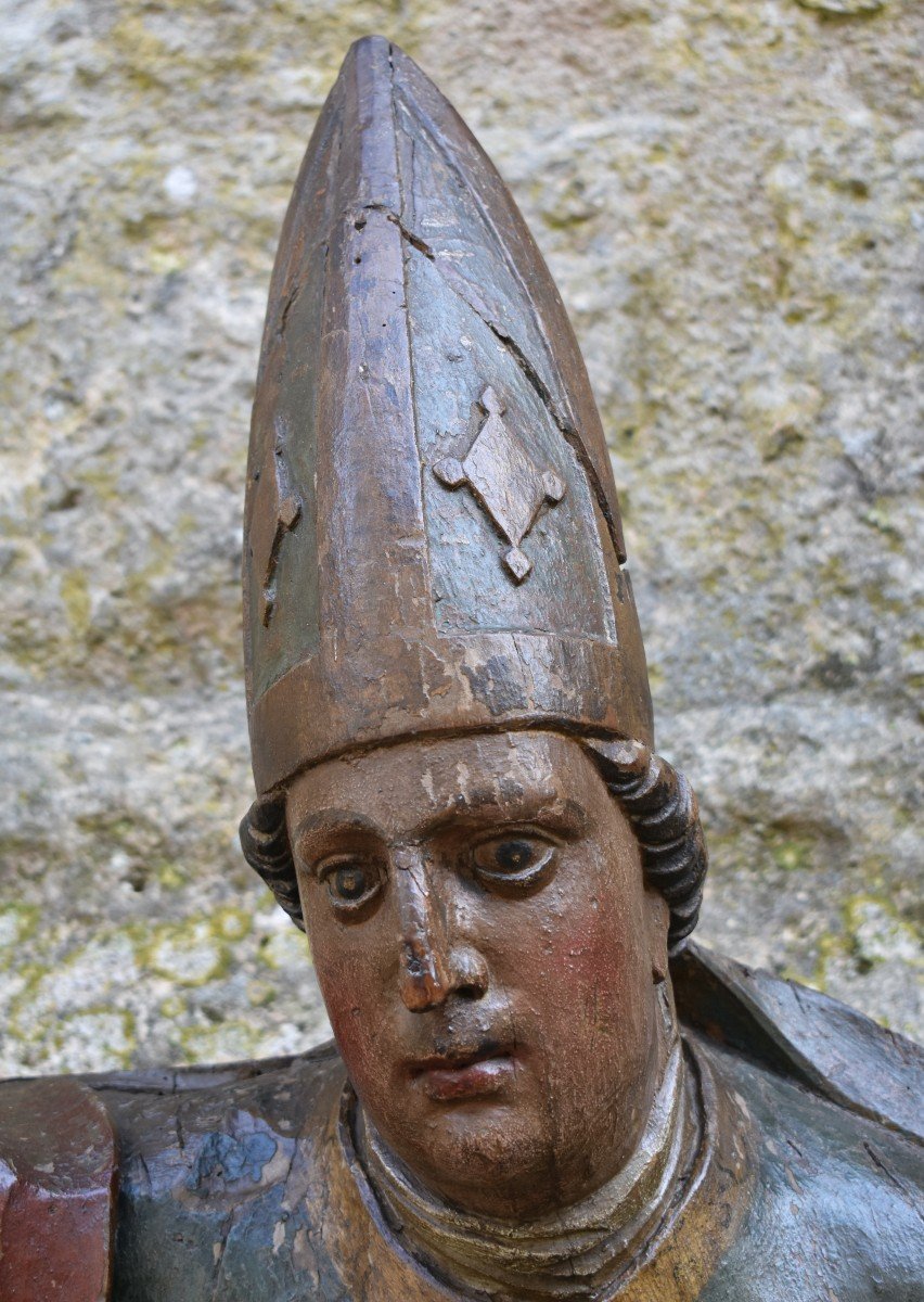 Grand buste de Saint &eacute;v&ecirc;que - France XVIIe - bois sculpt&eacute; polychrome-photo-2