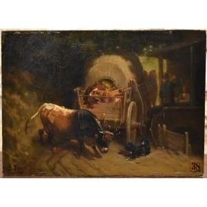 S. HUGO - La halte de la charrette - Huile sur panneau - XIXe