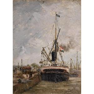 Bateau à vapeur à quai - Huile sur carton datée 1908