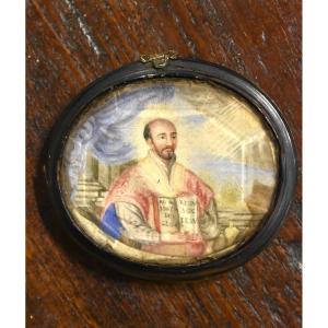 17th Reliquary Medallion - Saint Ignatius Of Loyola - Painted Miniature