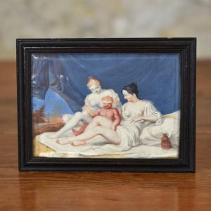 L&rsquo; Amour jouant avec deux Gr&acirc;ces - Gouache miniature &eacute;rotique - vers 1800