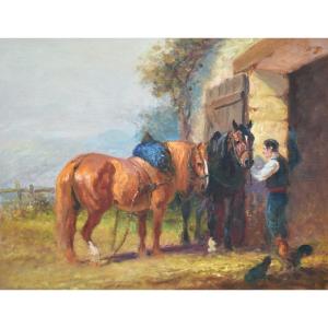 Eugène Péchaubès (1890-1967) - Horses At The Farm - Oil On Canvas