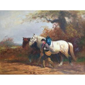 Eugène Péchaubès (1890-1967) - Horses And Farmer On The Way - Oil On Canvas
